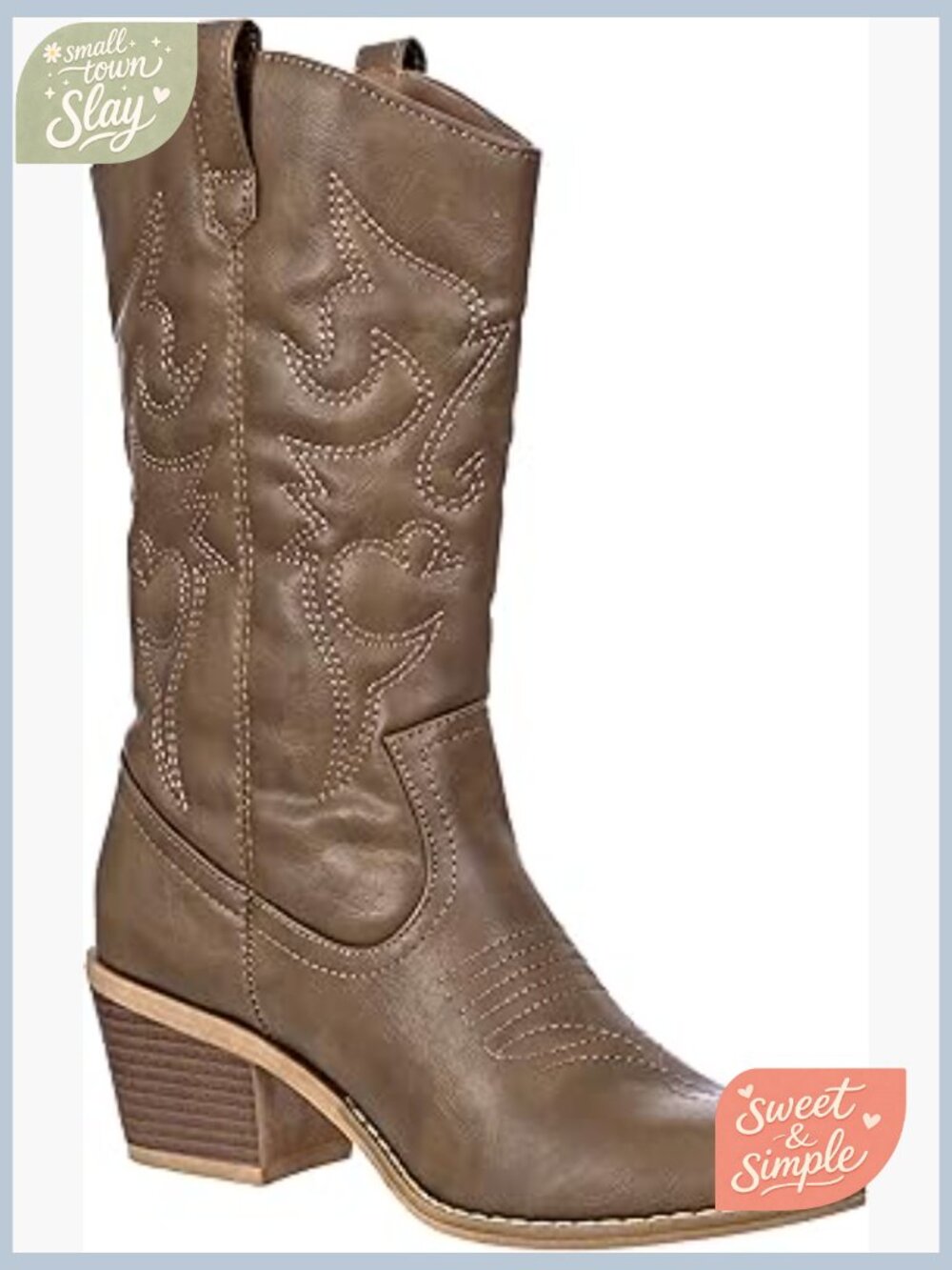 Women's Mid-Calf Western Cowboy Boots Embroidered Stitching Low Heel